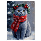 Russian Blue Cat Christmas Dog Wall Art with Red Scarf and Holly Wreath for Winter Snow Festive Puppy Holiday Artwork on Flat Rolled, Framed or Wrapped Canvas