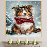 Shetland Sheepdog Christmas Dog Wall Art with Red Scarf and Holly Wreath for Winter Snow Festive Puppy Holiday Artwork on Flat Rolled, Framed or Wrapped Canvas