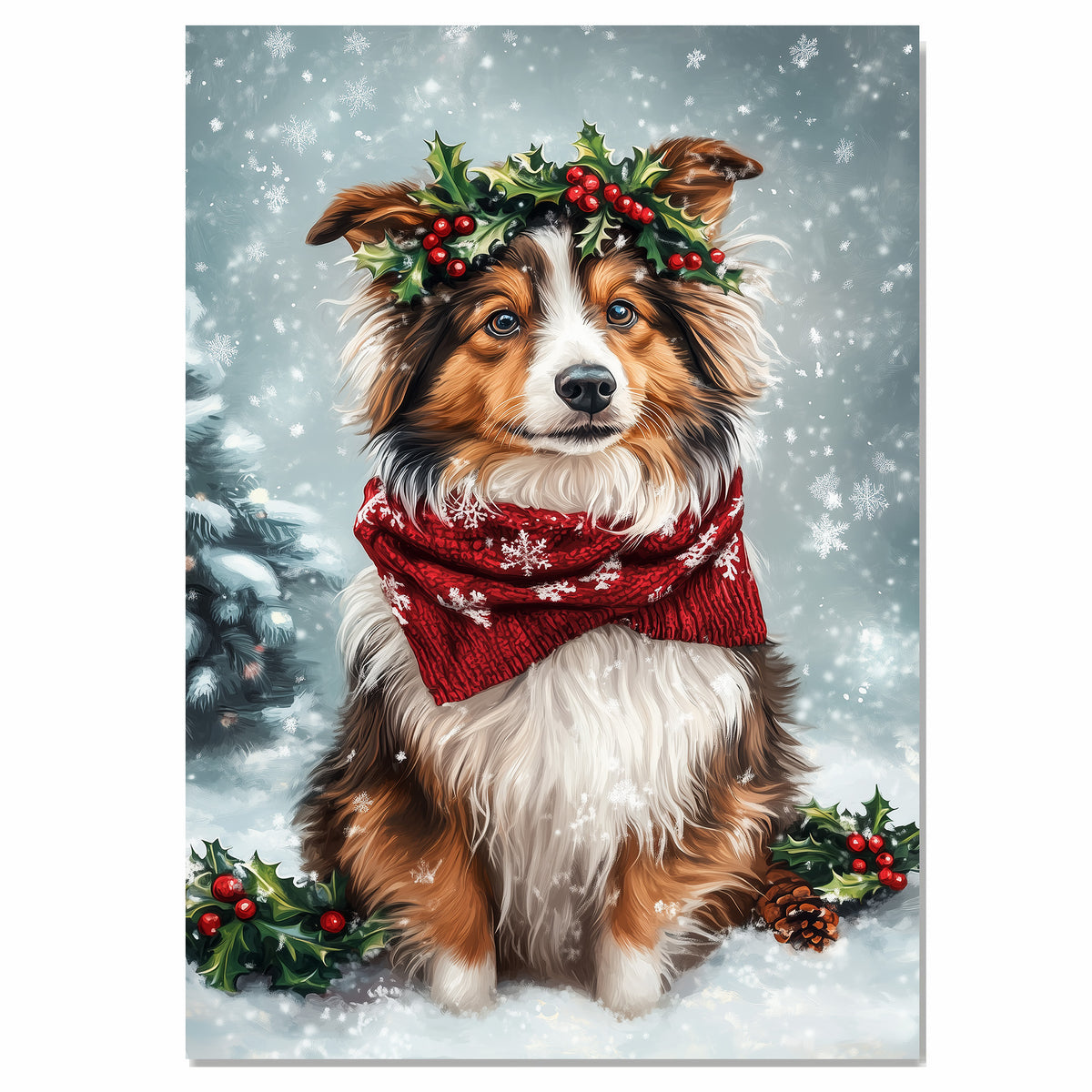 Shetland Sheepdog Christmas Dog Wall Art with Red Scarf and Holly Wreath for Winter Snow Festive Puppy Holiday Artwork on Flat Rolled, Framed or Wrapped Canvas