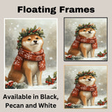 Shiba Inu Christmas Dog Wall Art with Red Scarf and Holly Wreath for Winter Snow Festive Puppy Holiday Artwork on Flat Rolled, Framed or Wrapped Canvas