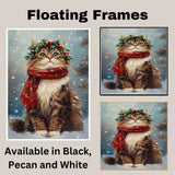 Siberian Cat Christmas Wall Art with Red Scarf and Holly Wreath for Winter Snow Festive Puppy Holiday Artwork on Flat Rolled, Framed or Wrapped Canvas