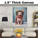 Sphynx Cat Christmas Dog Wall Art with Red Scarf and Holly Wreath for Winter Snow Festive Puppy Holiday Artwork on Flat Rolled, Framed or Wrapped Canvas