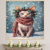 Sphynx Cat Christmas Dog Wall Art with Red Scarf and Holly Wreath for Winter Snow Festive Puppy Holiday Artwork on Flat Rolled, Framed or Wrapped Canvas