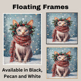 Sphynx Cat Christmas Dog Wall Art with Red Scarf and Holly Wreath for Winter Snow Festive Puppy Holiday Artwork on Flat Rolled, Framed or Wrapped Canvas