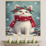 Turkish Angora Cat Christmas Wall Art with Red Scarf and Holly Wreath for Winter Snow Festive Puppy Holiday Artwork on Flat Rolled, Framed or Wrapped Canvas