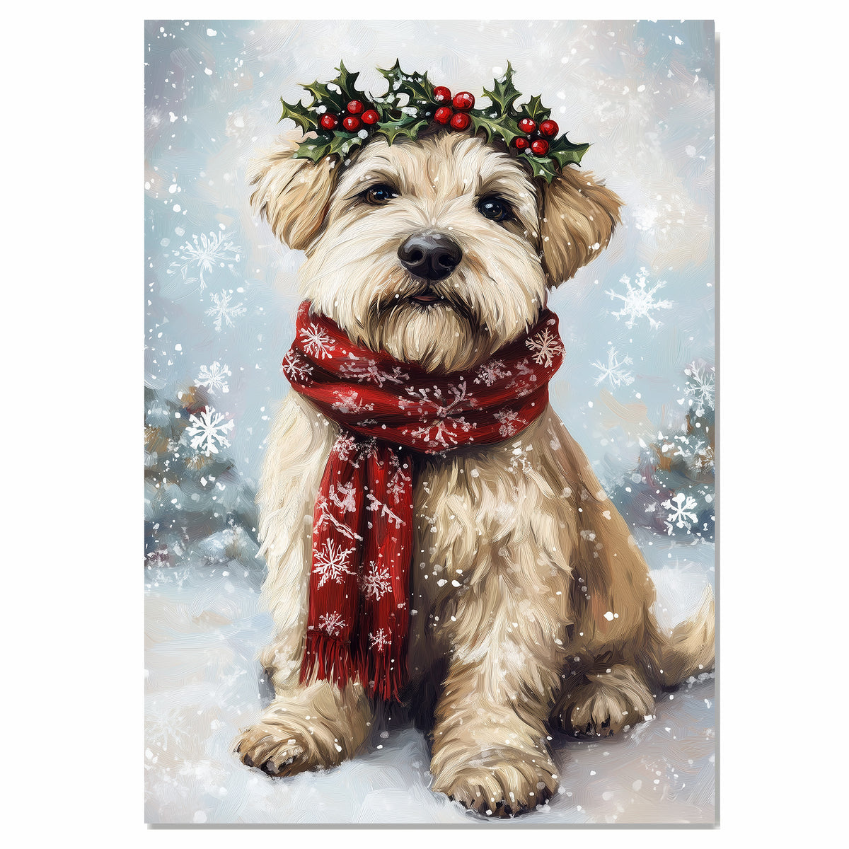 Wheaten Terrier Christmas Dog Wall Art with Red Scarf and Holly Wreath for Winter Snow Festive Puppy Holiday Artwork on Flat Rolled, Framed or Wrapped Canvas