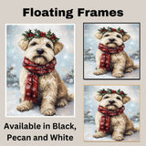 Wheaten Terrier Christmas Dog Wall Art with Red Scarf and Holly Wreath for Winter Snow Festive Puppy Holiday Artwork on Flat Rolled, Framed or Wrapped Canvas