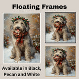 Wolfhound Christmas Dog Wall Art with Red Scarf and Holly Wreath for Winter Snow Festive Puppy Holiday Artwork on Flat Rolled, Framed or Wrapped Canvas