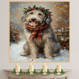 Wolfhound Christmas Dog Wall Art with Red Scarf and Holly Wreath for Winter Snow Festive Puppy Holiday Artwork on Flat Rolled, Framed or Wrapped Canvas