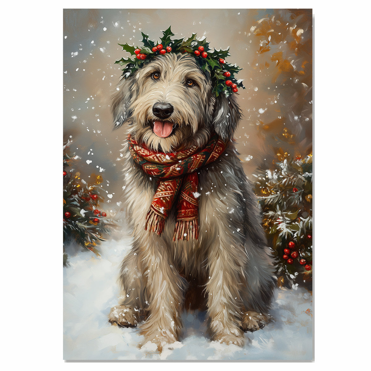 Wolfhound Christmas Dog Wall Art with Red Scarf and Holly Wreath for Winter Snow Festive Puppy Holiday Artwork on Flat Rolled, Framed or Wrapped Canvas
