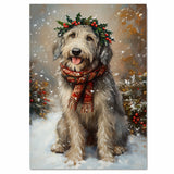 Wolfhound Christmas Dog Wall Art with Red Scarf and Holly Wreath for Winter Snow Festive Puppy Holiday Artwork on Flat Rolled, Framed or Wrapped Canvas