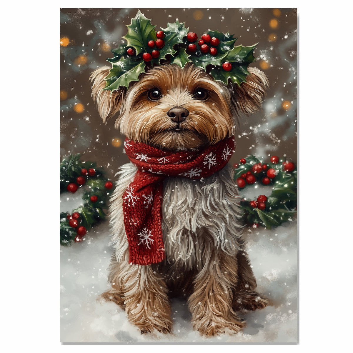 Yorkipoo Christmas Dog Wall Art with Red Scarf and Holly Wreath for Winter Snow Festive Puppy Holiday Artwork on Flat Rolled, Framed or Wrapped Canvas