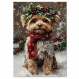 Yorkipoo Christmas Dog Wall Art with Red Scarf and Holly Wreath for Winter Snow Festive Puppy Holiday Artwork on Flat Rolled, Framed or Wrapped Canvas
