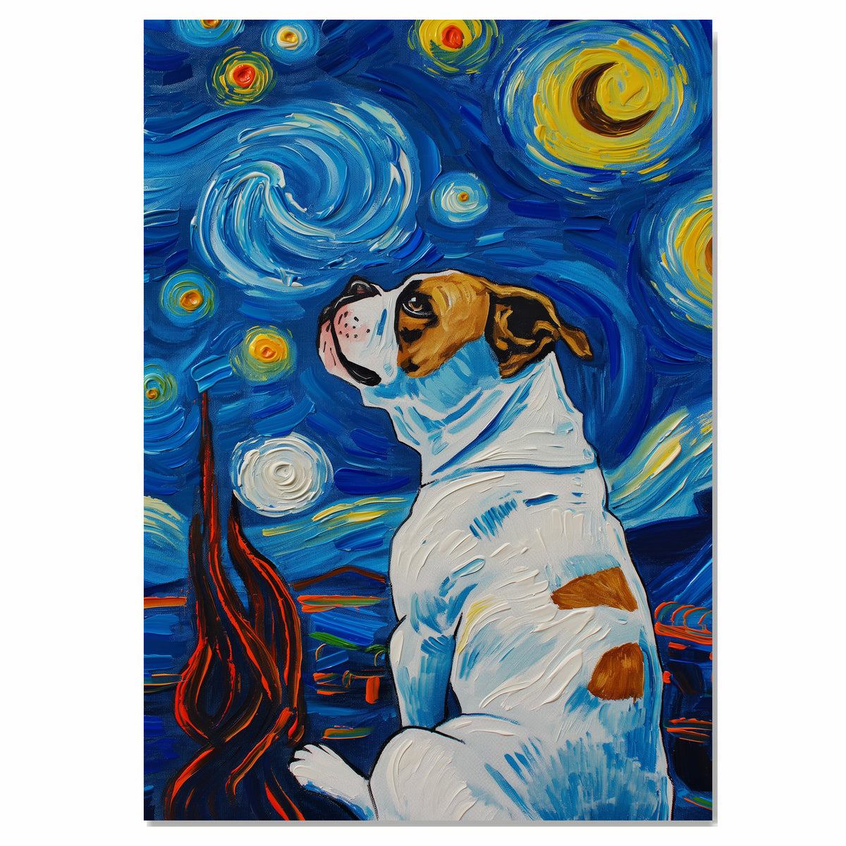 American Bulldog Painting Inspired by Starry Night with Bold Swirls and Vibrant Blue and Yellow Sky on Ready to Hang 1.5" Thick Canvas Wrap, Floating Framed Canvas, Flat Rolled Canvas