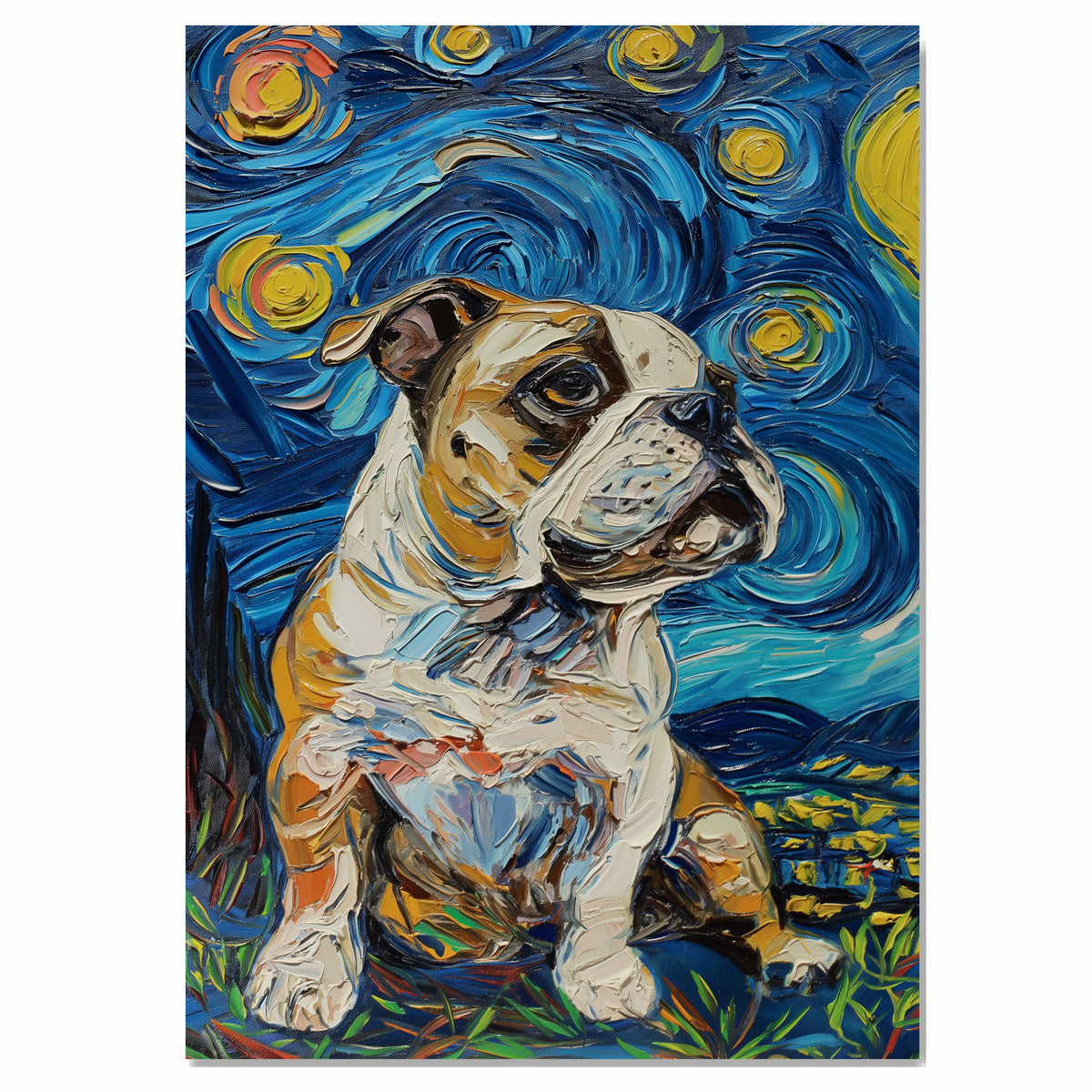 American Bulldog Portrait with Starry Night Style Background Featuring Bold Colors and Swirling Sky Details on Ready to Hang 1.5" Thick Canvas Wrap, Floating Framed Canvas, Flat Rolled Canvas