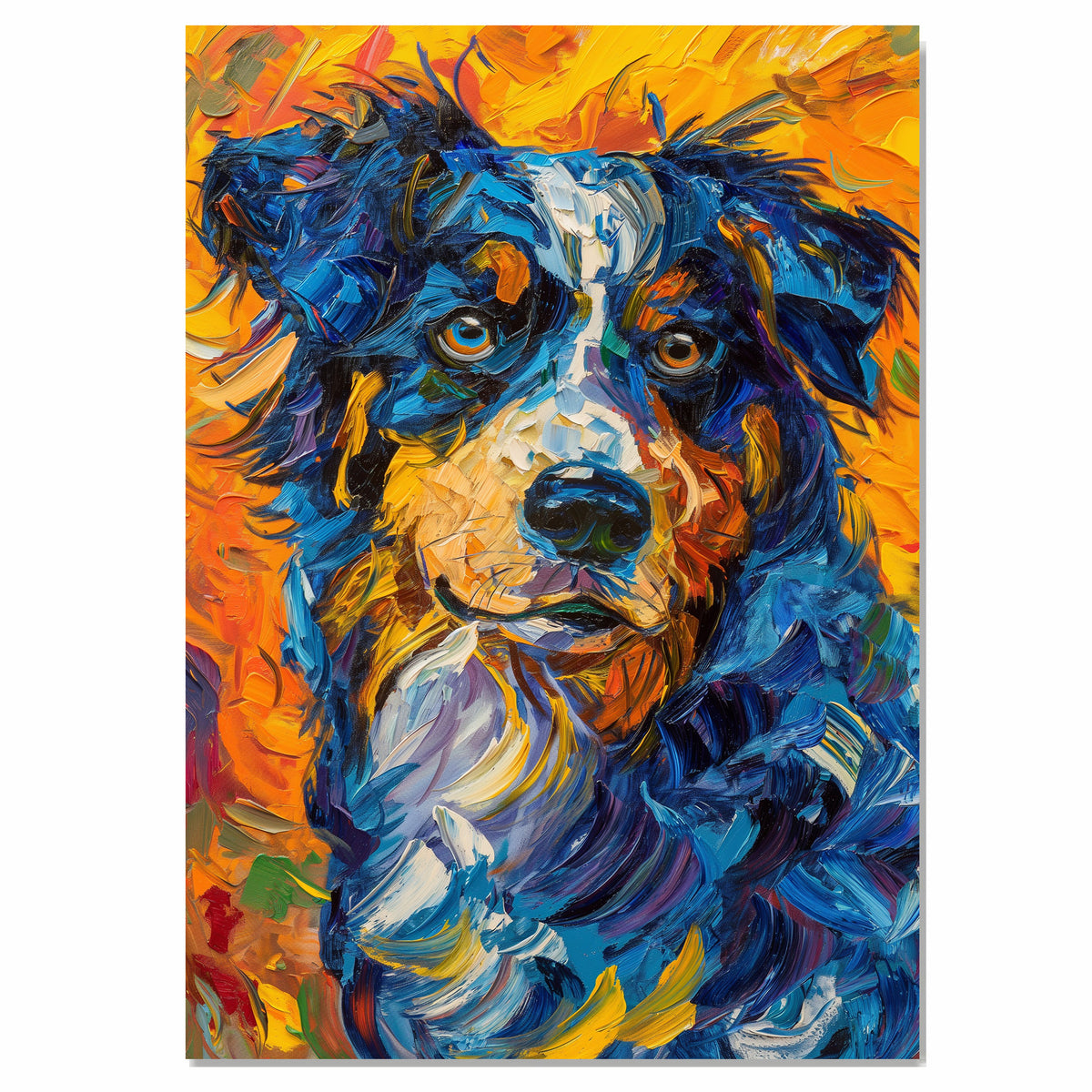 Blue Merle Australian Shepherd Dog Painting in Van Gogh Style with Bold Brush Strokes and Fiery Background Accents on Ready to Hang 1.5" Thick Canvas Wrap, Floating Framed Canvas, Flat Rolled Canvas