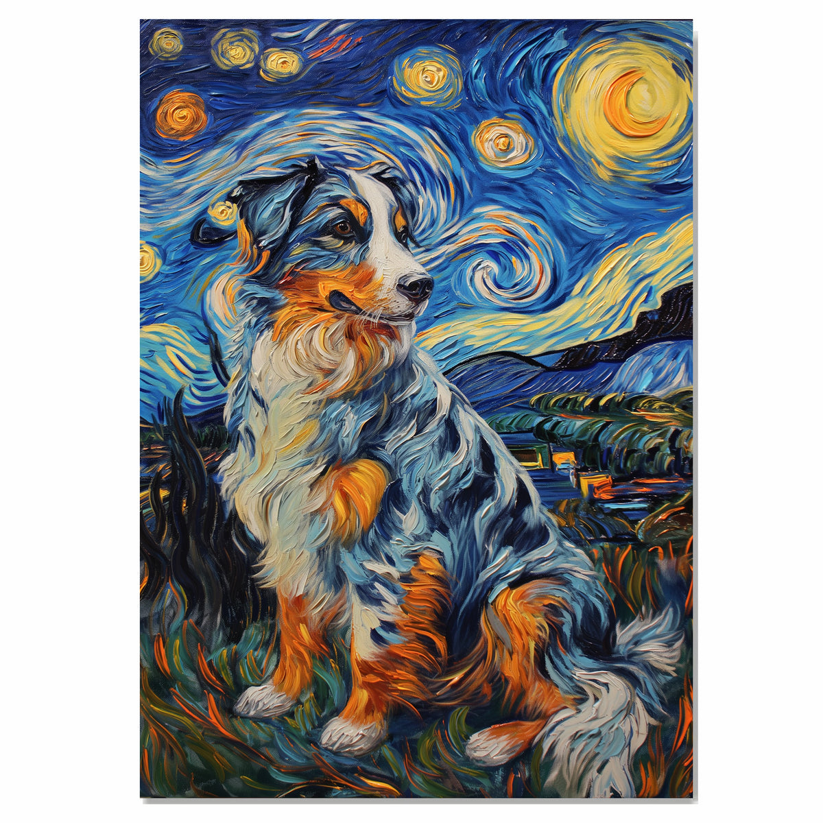 Blue Merle Australian Shepherd Dog Portrait in Starry Night Style with Swirling Sky and Rich Impressionist Brush Texture on Ready to Hang 1.5" Thick Canvas Wrap, Floating Framed Canvas, Flat Rolled Canvas