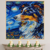 Blue Merle Australian Shepherd Dog Full Body Painting in Van Gogh Starry Night Style with Vivid Swirls and Bold Color Brushwork on Ready to Hang 1.5" Thick Canvas Wrap, Floating Framed Canvas, Flat Rolled Canvas