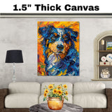 Blue Merle Australian Shepherd Dog Painting in Van Gogh Style with Bold Brush Strokes and Fiery Background Accents on Ready to Hang 1.5" Thick Canvas Wrap, Floating Framed Canvas, Flat Rolled Canvas