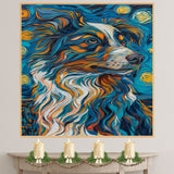 Blue Merle Australian Shepherd Artwork in Van Gogh Style Featuring Flowing Brush Strokes and Starry Night Sky Accents on Ready to Hang 1.5" Thick Canvas Wrap, Floating Framed Canvas, Flat Rolled Canvas