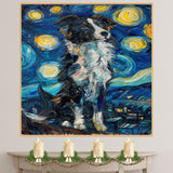 Border Collie Dog Painting in Starry Night Style with Swirling Sky and Expressive Impressionist Brushstrokes in Deep Blues and Yellows on Ready to Hang 1.5" Thick Canvas Wrap, Floating Framed Canvas, Flat Rolled Canvas