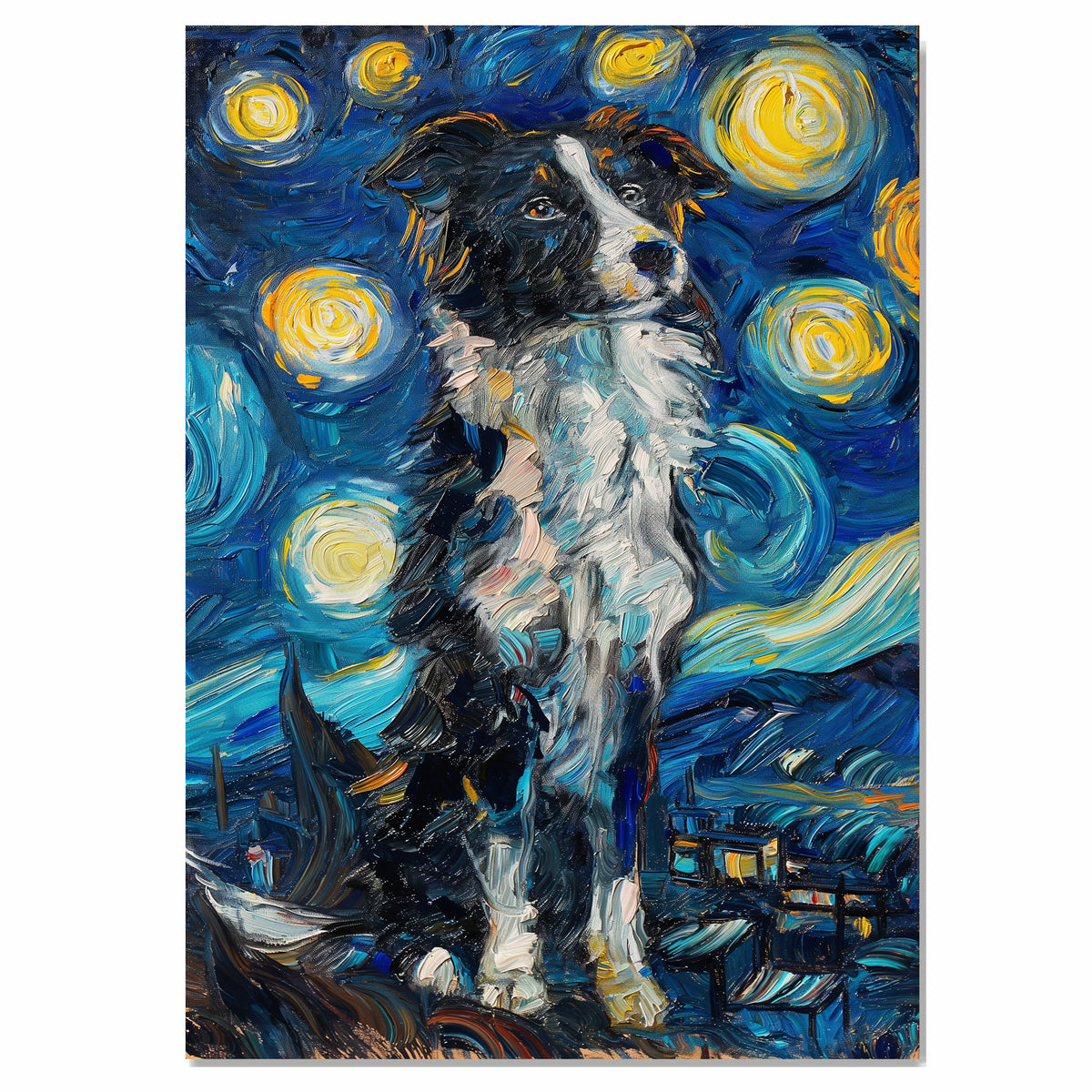 Border Collie Dog Painting in Starry Night Style with Swirling Sky and Expressive Impressionist Brushstrokes in Deep Blues and Yellows on Ready to Hang 1.5" Thick Canvas Wrap, Floating Framed Canvas, Flat Rolled Canvas