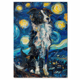 Border Collie Dog Painting in Starry Night Style with Swirling Sky and Expressive Impressionist Brushstrokes in Deep Blues and Yellows on Ready to Hang 1.5" Thick Canvas Wrap, Floating Framed Canvas, Flat Rolled Canvas