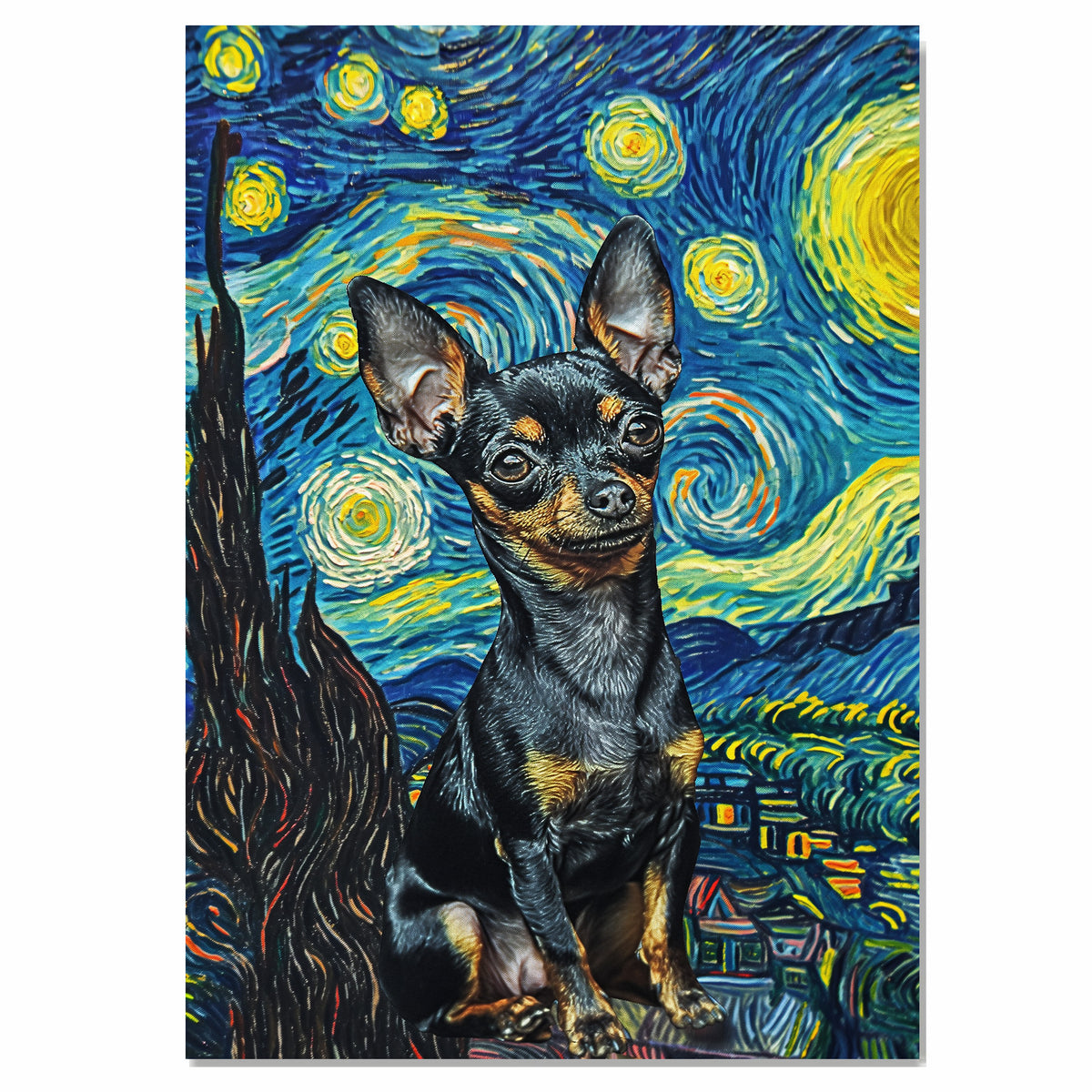 Chihuahua Dog Painting in Starry Night Style with Expressive Eyes and Swirling Van Gogh-Inspired Brush Strokes in Blue and Gold on Ready to Hang 1.5" Thick Canvas Wrap, Floating Framed Canvas, Flat Rolled Canvas