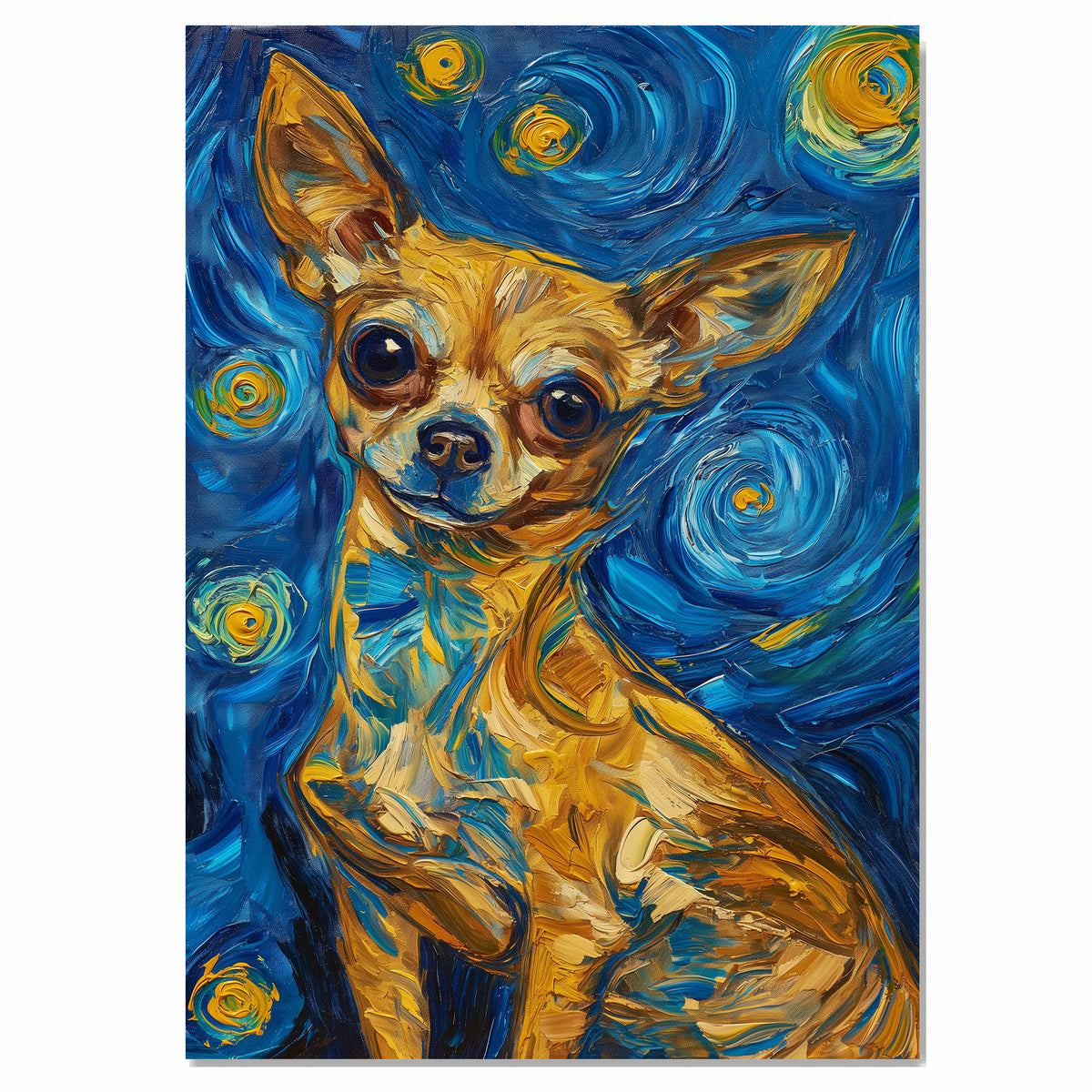 Black and Tan Chihuahua Dog Portrait in Starry Night Style with Vibrant Swirling Sky and Van Gogh-Inspired Bold Artistic Background on Ready to Hang 1.5" Thick Canvas Wrap, Floating Framed Canvas, Flat Rolled Canvas