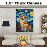 Corgi Dog Painting in Starry Night Style with Joyful Expression and Swirling Brush Strokes Inspired by Van Gogh on Ready to Hang 1.5" Thick Canvas Wrap, Floating Framed Canvas, Flat Rolled Canvas