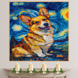 Corgi Dog Portrait in Starry Night Style with Swirling Sky and Vibrant Brush Strokes Inspired by Van Gogh on Ready to Hang 1.5" Thick Canvas Wrap, Floating Framed Canvas, Flat Rolled Canvas