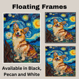 Corgi Dog Painting in Starry Night Style with Joyful Expression and Swirling Brush Strokes Inspired by Van Gogh on Ready to Hang 1.5" Thick Canvas Wrap, Floating Framed Canvas, Flat Rolled Canvas