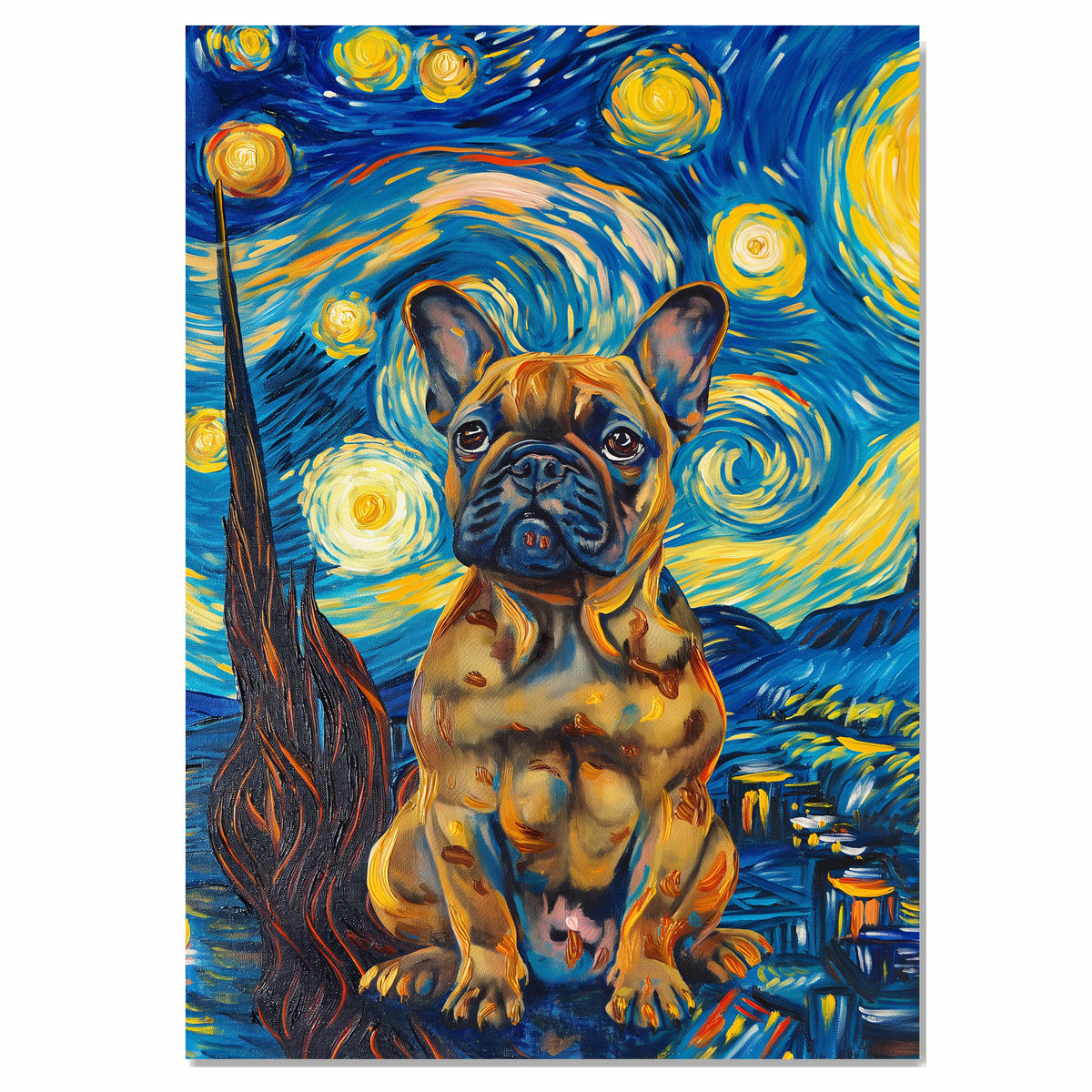 French Bulldog Dog Portrait in Starry Night Style with Swirling Sky and Bold Brush Strokes Inspired by Van Gogh on Ready to Hang 1.5" Thick Canvas Wrap, Floating Framed Canvas, Flat Rolled Canvas