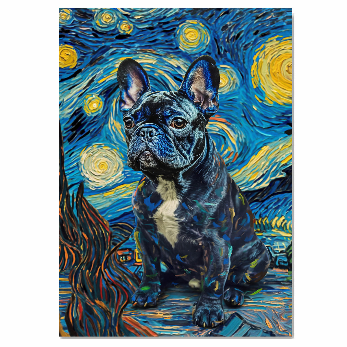 Blue French Bulldog Portrait in Starry Night Style with Swirling Sky and Textured Brush Strokes Inspired by Van Gogh on Ready to Hang 1.5" Thick Canvas Wrap, Floating Framed Canvas, Flat Rolled Canvas