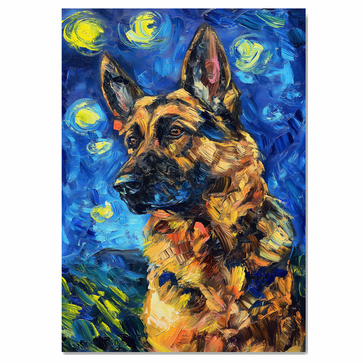 German Shepherd Dog Portrait in Starry Night Style with Swirling Sky and Bold Brush Strokes Inspired by Van Gogh’s Impressionism on Ready to Hang 1.5" Thick Canvas Wrap, Floating Framed Canvas, Flat Rolled Canvas
