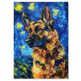 German Shepherd Dog Portrait in Starry Night Style with Swirling Sky and Bold Brush Strokes Inspired by Van Gogh’s Impressionism on Ready to Hang 1.5" Thick Canvas Wrap, Floating Framed Canvas, Flat Rolled Canvas