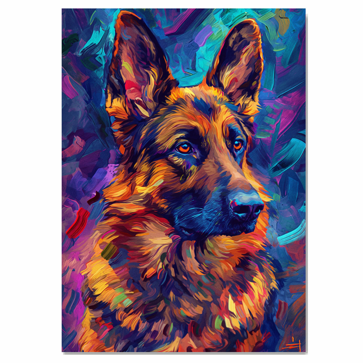 German Shepherd Dog Portrait in Starry Night Style with Swirling Sky and Vibrant Impressionist Brush Strokes Inspired by Van Gogh on Ready to Hang 1.5" Thick Canvas Wrap, Floating Framed Canvas, Flat Rolled Canvas