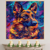 German Shepherd Dog Portrait in Starry Night Style with Swirling Sky and Vibrant Impressionist Brush Strokes Inspired by Van Gogh on Ready to Hang 1.5" Thick Canvas Wrap, Floating Framed Canvas, Flat Rolled Canvas