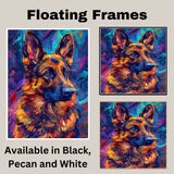German Shepherd Dog Portrait in Starry Night Style with Swirling Sky and Vibrant Impressionist Brush Strokes Inspired by Van Gogh on Ready to Hang 1.5" Thick Canvas Wrap, Floating Framed Canvas, Flat Rolled Canvas