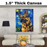 German Shepherd Dog Portrait in Starry Night Style with Swirling Sky and Bold Brush Strokes Inspired by Van Gogh’s Impressionism on Ready to Hang 1.5" Thick Canvas Wrap, Floating Framed Canvas, Flat Rolled Canvas