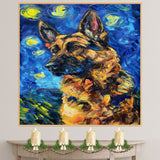 German Shepherd Dog Portrait in Starry Night Style with Swirling Sky and Bold Brush Strokes Inspired by Van Gogh’s Impressionism on Ready to Hang 1.5" Thick Canvas Wrap, Floating Framed Canvas, Flat Rolled Canvas