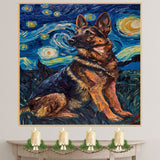 Full Body German Shepherd Dog Portrait in Starry Night Style with Swirling Sky and Bold Van Gogh Inspired Impressionist Brushwork on Ready to Hang 1.5" Thick Canvas Wrap, Floating Framed Canvas, Flat Rolled Canvas