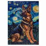 Full Body German Shepherd Dog Portrait in Starry Night Style with Swirling Sky and Bold Van Gogh Inspired Impressionist Brushwork on Ready to Hang 1.5" Thick Canvas Wrap, Floating Framed Canvas, Flat Rolled Canvas