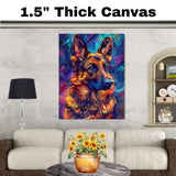 German Shepherd Dog Portrait in Starry Night Style with Swirling Sky and Vibrant Impressionist Brush Strokes Inspired by Van Gogh on Ready to Hang 1.5" Thick Canvas Wrap, Floating Framed Canvas, Flat Rolled Canvas
