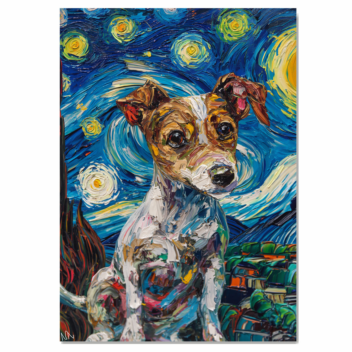 Jack Russell Terrier Dog Portrait in Starry Night Style with Swirling Sky and Expressive Van Gogh Inspired Impressionist Brush Strokes on Ready to Hang 1.5" Thick Canvas Wrap, Floating Framed Canvas, Flat Rolled Canvas