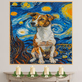 Jack Russell Terrier Dog Full Body Portrait in Starry Night Style with Swirling Sky and Bold Van Gogh Inspired Brush Strokes on Ready to Hang 1.5" Thick Canvas Wrap, Floating Framed Canvas, Flat Rolled Canvas