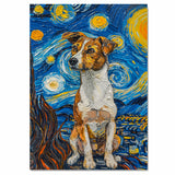 Jack Russell Terrier Dog Full Body Portrait in Starry Night Style with Swirling Sky and Bold Van Gogh Inspired Brush Strokes on Ready to Hang 1.5" Thick Canvas Wrap, Floating Framed Canvas, Flat Rolled Canvas