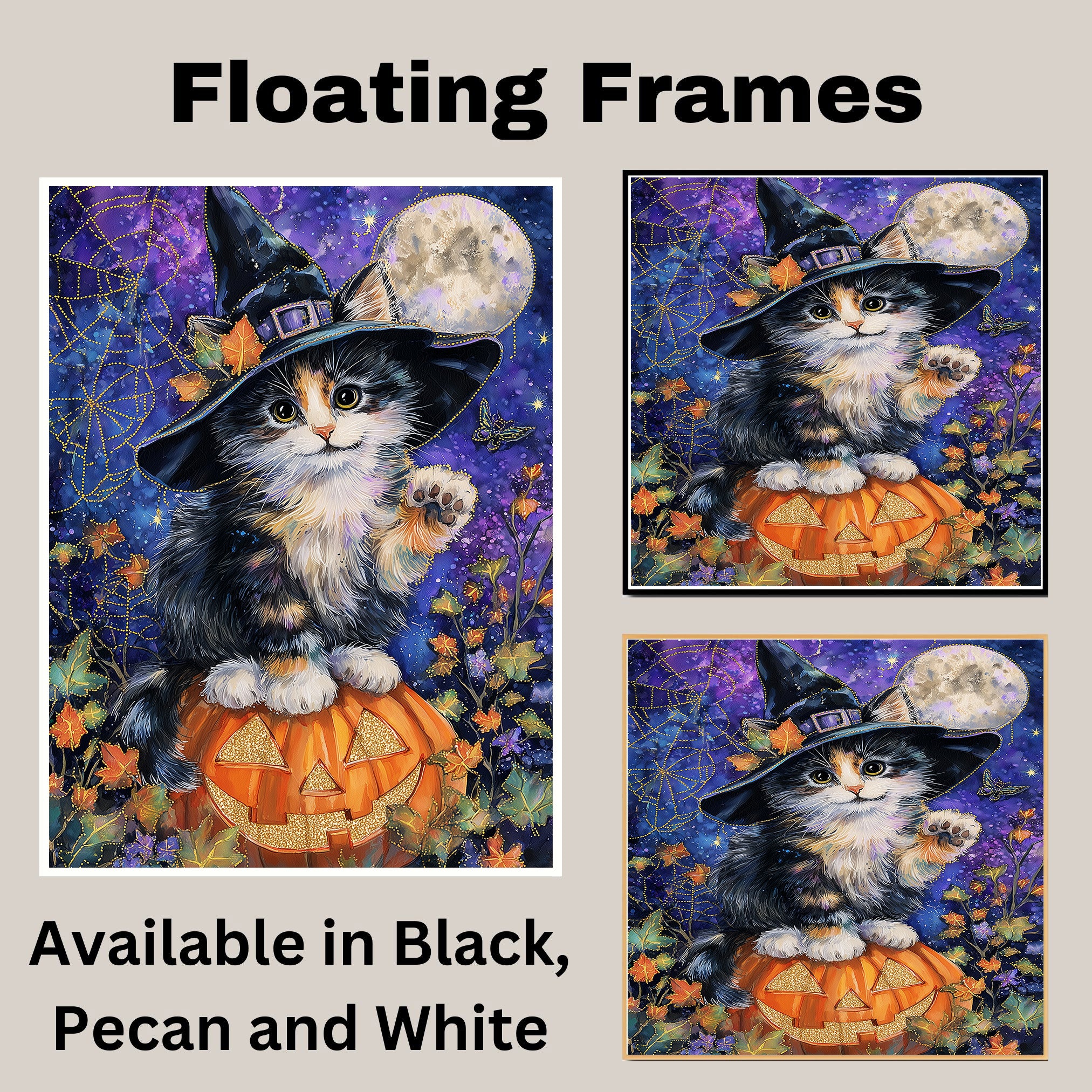 Halloween Witch Cat Art Poster Print Abyssinian Kitten on Pumpkin Spooky Fall Home Decor for Pet Moms Living Room on Ready to Hang 1.5" Thick Canvas Wrap, Floating Framed Canvas, Flat Rolled Canvas