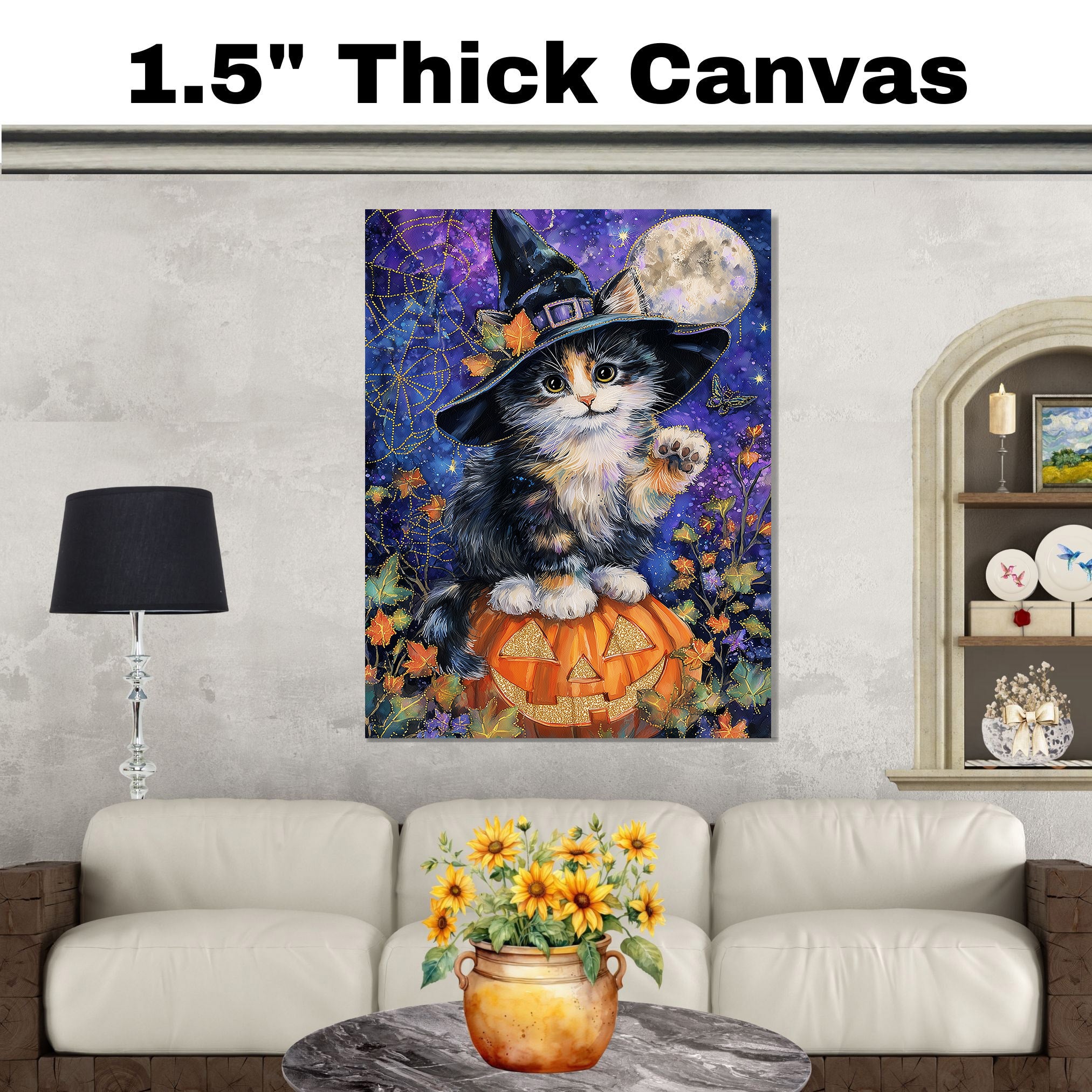 Halloween Witch Cat Art Poster Print Abyssinian Kitten on Pumpkin Spooky Fall Home Decor for Pet Moms Living Room on Ready to Hang 1.5" Thick Canvas Wrap, Floating Framed Canvas, Flat Rolled Canvas