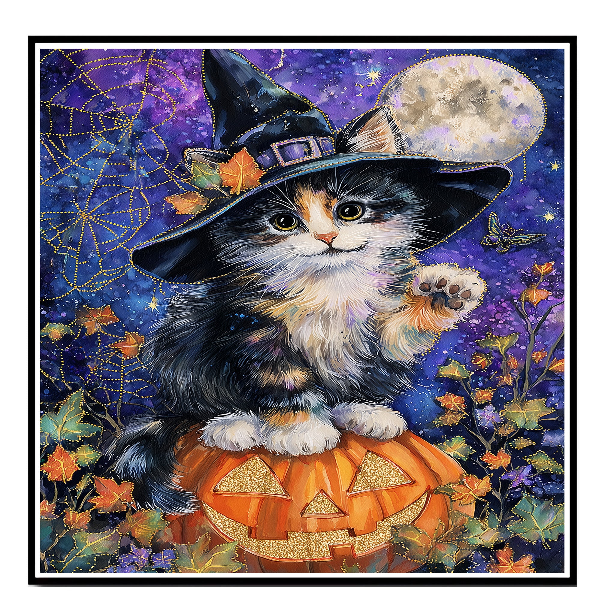Halloween Witch Cat Art Poster Print Abyssinian Kitten on Pumpkin Spooky Fall Home Decor for Pet Moms Living Room on Ready to Hang 1.5" Thick Canvas Wrap, Floating Framed Canvas, Flat Rolled Canvas